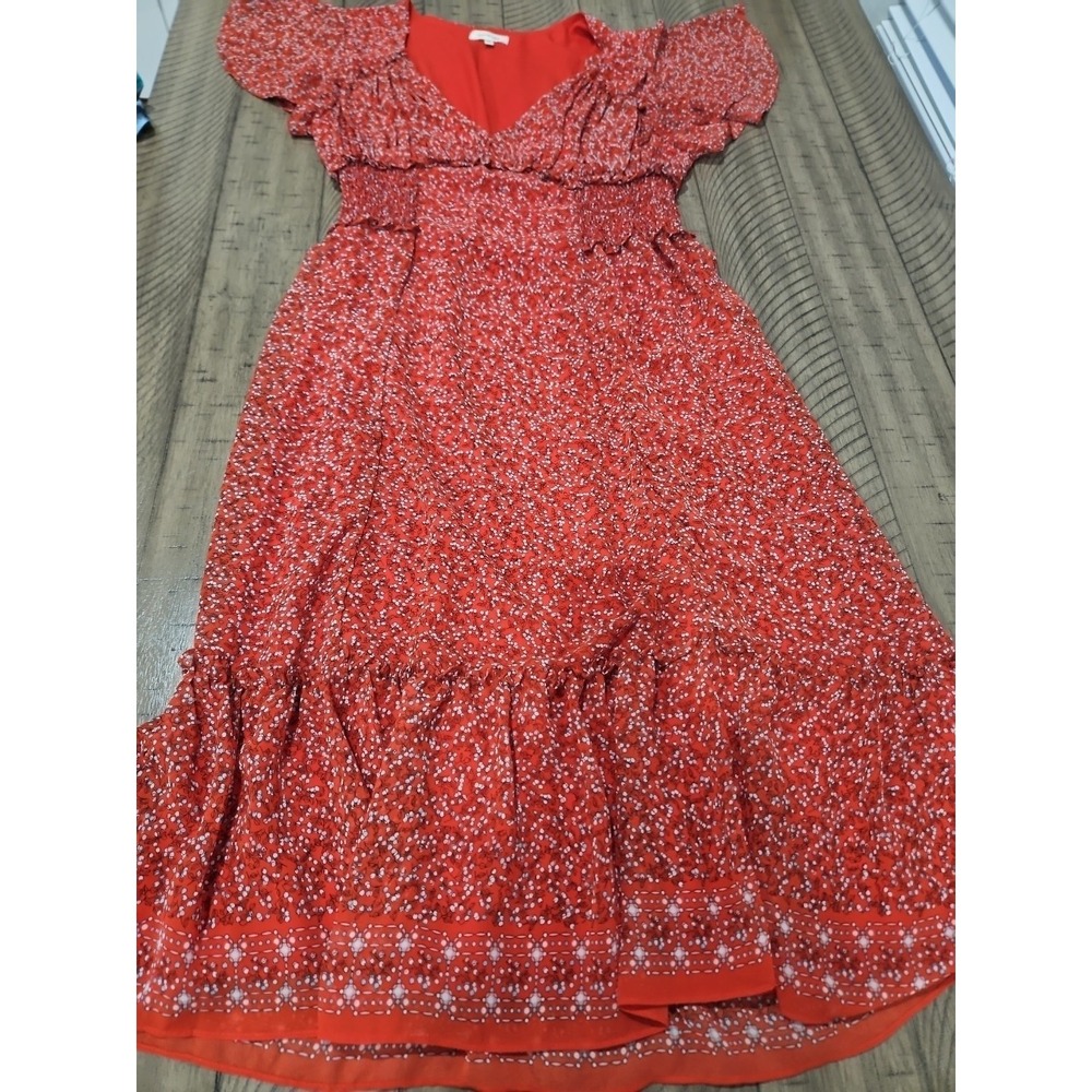 Max Studio Dress M Red Floral Smocked Tiered Boho Prairie Midi CottageCore Fairy - Picture 15 of 15